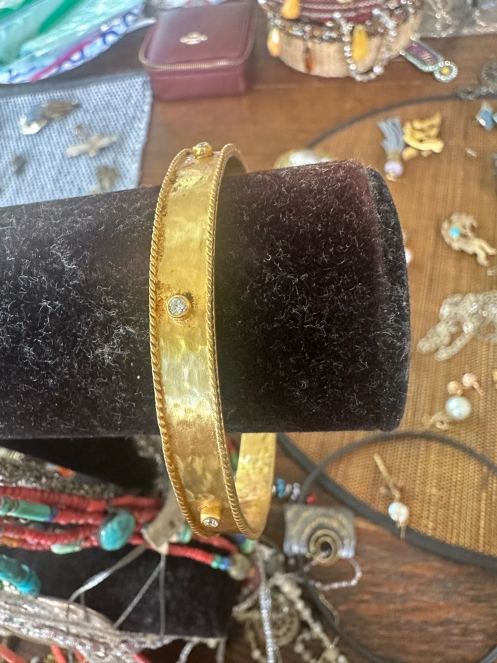 Julie Vos Gold Tone Hammered Bangle with Clear Stone Accents - Picture 3 of 3